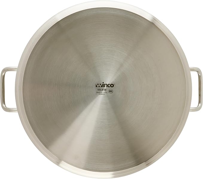 Winco 20 qt Stainless Steel Brazier Pan with Lid | Flat bottom, Wide base, Riveted handles, Induction safe, Great for Braising, Simmering, Batch Cooking and Restaurant Kitchens