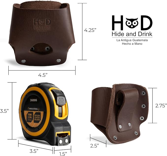 Hide & Drink, Large Tape Measure Holder, Tool Holster w/Easy Belt Loop for Handymen, Carpenters, Electricians, Durable Hammer Pouch, Full Grain Leather, Handmade