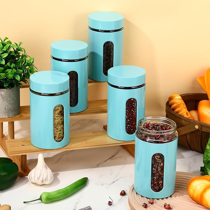 Patelai 6 Pack Kitchen Canisters Set Airtight Stainless Steel Canister Food Storage Container with Window Glass, Coffee Sugar Candy Jars Tea Organizer for Flour Cookies Spice (Turquoise,32 oz)