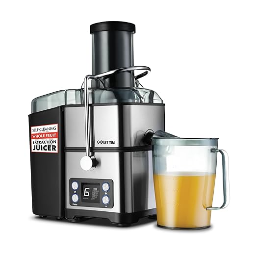 Gourmia Centrifugal Juicer - 6 Speed Digital Juice Extractor with Extra-Wide Chute, Pulse Mode, Self-Clean Cycle, 36 oz Pitcher, Pulp Container & Cleaning Brush, Stainless Steel