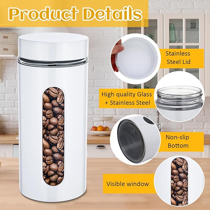 Mimorou 6 Pack Kitchen Canisters Set Airtight Coffee Sugar Tea Storage Jars with Window Glass Stainless Steel Containers with Lids for Flour Cookies Spices Grains Kitchen Decorations(White,44 oz)