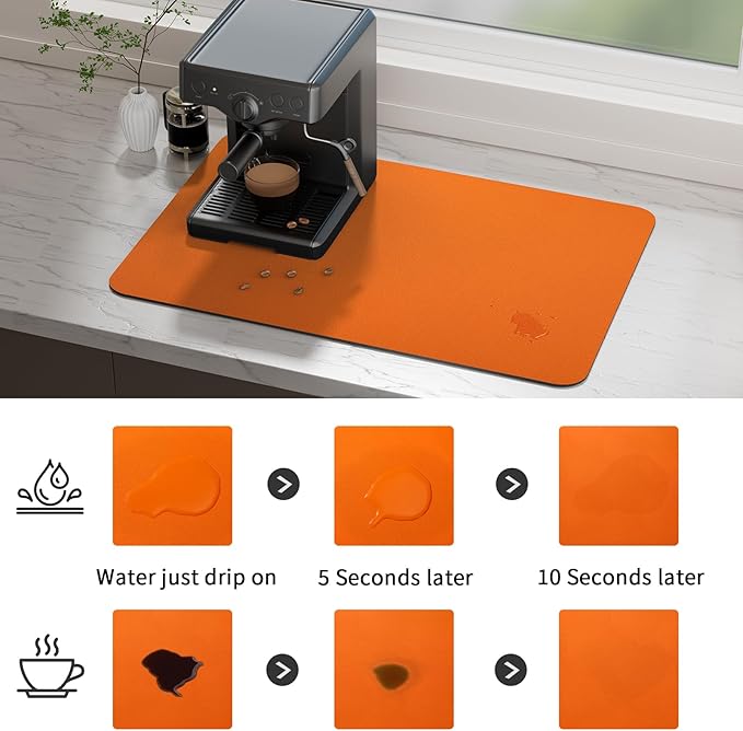 Ecotrim Absorbent Coffee Mat , Stain Hiding PU Leather Surface, Non-Slip Natural Rubber Backing, Quick Dry Mat for Espresso Machine, Kitchen Counter ,Orange | 16" x 24"