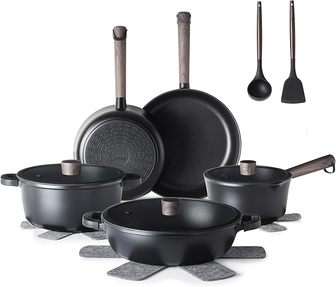 SENSARTE 15Pcs Nonstick Cookware Set Pots and Pans Set Kitchen Cooking Frying Pans with Stay-cool Handle, Dishwasher Safe, Induction Compatible, PFOA/PFOS Free, Black