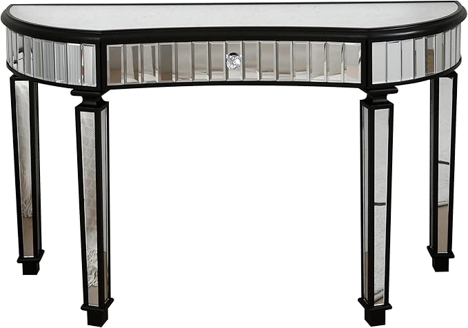 SSLine Mirror Console Table for Living Room 47" Half-Moon Mirrored Entryway Table with Fluted Glass & Crystal Knob Drawer Modern Luxury Black Silver Mirror Foyer Tables for Hallway Entrance