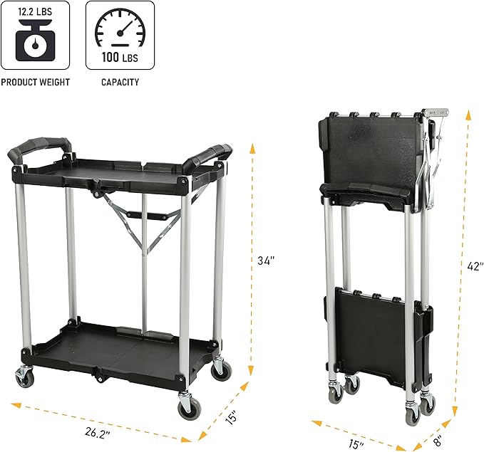 Olympia Tools 89-356 Pack-N-Roll Folding Collapsible Service Cart, Black, 50 Lb. Load Capacity per Shelf, 2-Layers