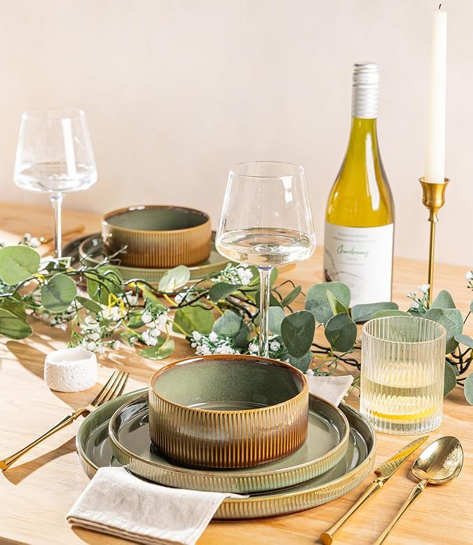 TheTerra Ceramic Dinnerware Sets with Pasta Bowls for 4, 16 Pieces Porcelain Lightweight Plates and Bowls Sets, Scratch Resistant Dish Set, Oven & Microwave & Dishwasher Safe, Sage Umber