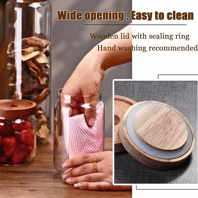 Viovian 10 OZ Glass Jar with Wooden Lid Clear Glass Coffee Storage Jars Airtight Kitchen Food Canister for Sugar Candy Cookie Spice Nuts Tea 300ML