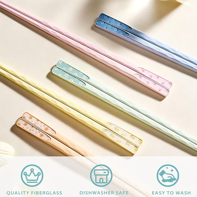 Fiberglass Chopsticks with Floral Pattern – Reusable, Heat-Resistant, Lightweight, Non-Slip, Dishwasher Safe 5 Pairs Chop Sticks for Sushi Noodles Ramen