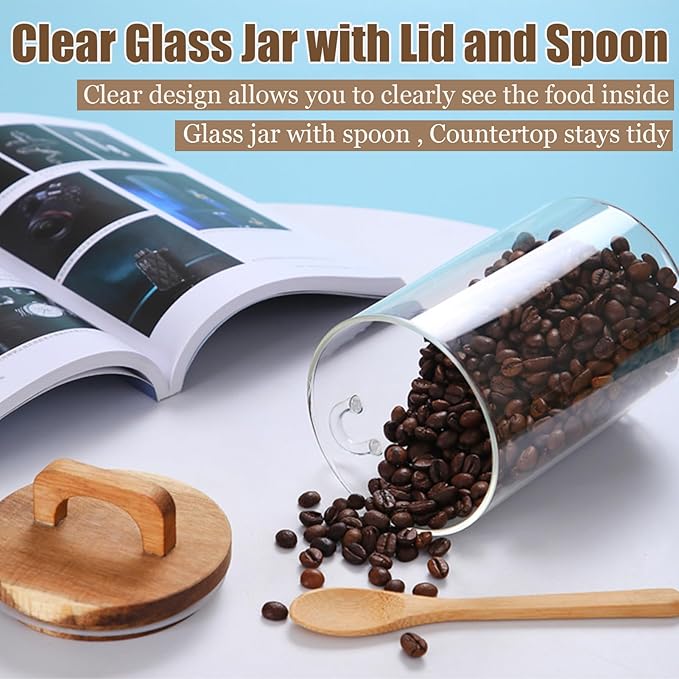 Coriario Glass Jar with Lid and Spoon 24&27&32 OZ Coffee Tea Sugar Canister Set of 3 Clear Glass Storage Jars Wooden Handle Lids Wide Mouth Glass Coffee Canister for Food Kitchen Candy