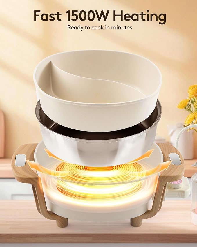 Hot Pot Electric Hot Pot with Divider, Large 6.3QT Nonstick Dual-Sided Shabu Shabu Pot Dual-Flavor hotpot electric 1500W with Adjustable 5-Temperature Control ，Perfect for Family Dinners & Parties