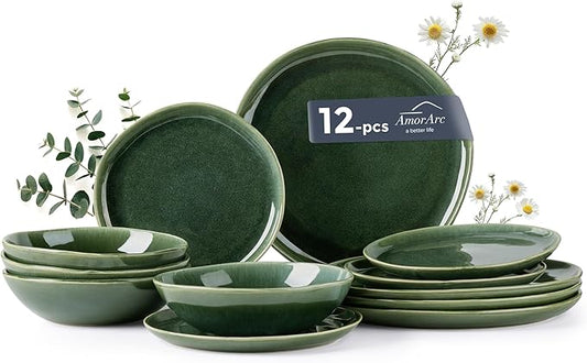 AmorArc Ceramic Dinnerware Sets,Handmade Reactive Glaze Stoneware Plates and Bowls Sets,Highly Scratch Resistant | Dishwasher & Microwave Safe Dishes Set,Service for 4 (12pc)