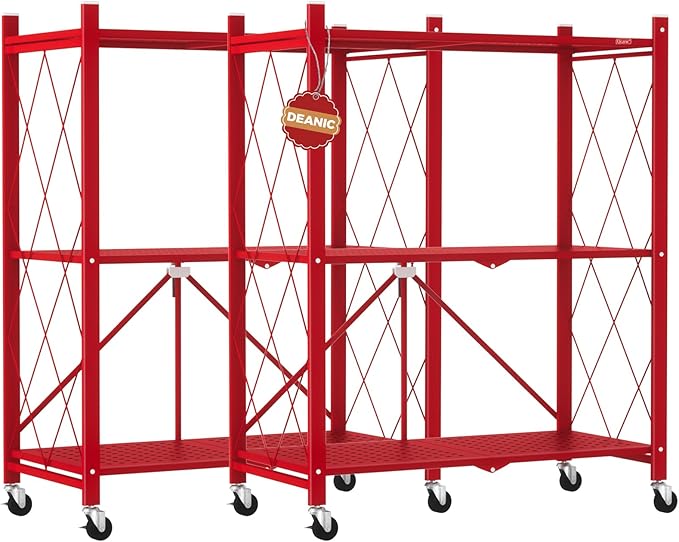 DEANIC 3 Tier Foldable Storage Shelves with Wheels, Kitchen Appliance Stand, Freestanding Metal Wire Shelf Rack, No Assembly Organizer Rolling Cart for Garage, Basement, Pantry(Red Pack of 2)