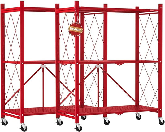 DEANIC 3 Tier Foldable Storage Shelves with Wheels, Kitchen Appliance Stand, Freestanding Metal Wire Shelf Rack, No Assembly Organizer Rolling Cart for Garage, Basement, Pantry(Red Pack of 2)