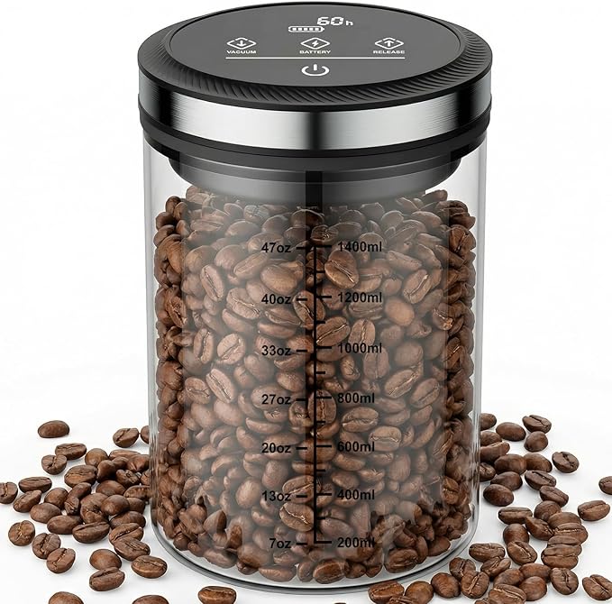Vacuum Coffee Canister, Airtight Coffee Container with Graduated Scale and Vacuum Duration Display. Features Transparent Borosilicate Glass Construction and a 1.6L Large Capacity