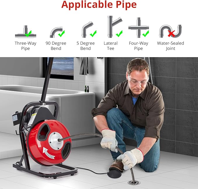 Electric Drain Cleaner Machine, 50FT x 1/2" Cable, 250W Auto-Feed Sewer Snake, 4 Interchangeable Cutter Heads, Air Foot Switch, Portable Auger for 1"-4" Pipes, Home and Commercial Use