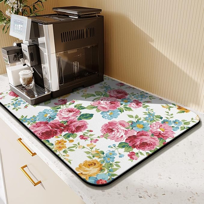 Coffee Bar Mat Accessories for Countertop Absorbent Hide Stain Rubber Backed Dish Drying Mats for Kitchen Counter Draining Pad Decor Gift (24x16in)