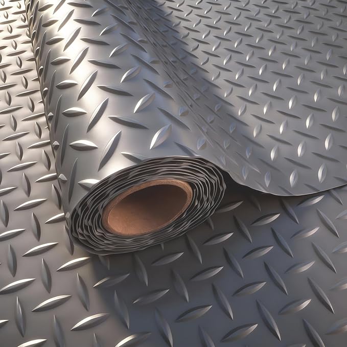 StellarStar 4x8 FT Garage Floor Mat, 2.8mm Thickened PVC Diamond Plate Garage Mat with 20PCS Tapes, Rubber Flooring Rolls for Under Car, Non-Slip Rubber Motorcycle Mat for Golf Cart, Trailer, Gray
