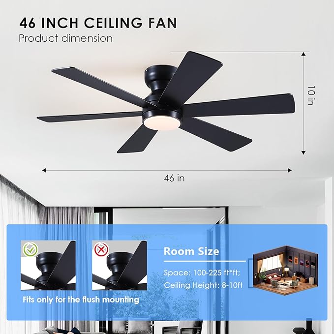 Asyko 46" Low Profile Ceiling Fan with Light and Remote Control,Black Modern Flush Mount Ceiling Fan with Lights for Bedroom, Reversible, Dimmable, Noiseless