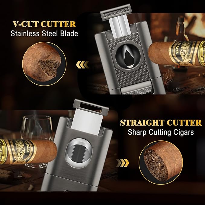 XIFEI 6-in-1 Cigar Lighter, Desktop Torch Lighter with Straight Cut V-Cut Cigar Cutter, Dual Cigar Punch, Cigar Draw Enhancer, Cigar Holder, 4 Jet Flame Refillable Butane Lighter Gift for Men (Gray)