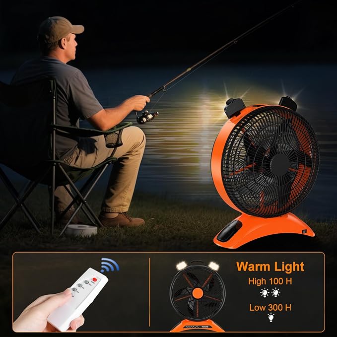 45000mAh Big Battery Powered Camping Fan, 12-Inch Blades Portable Rechargeable Outdoor Fan with LED Light, 3 Speeds Cordless Floor Fan with Remote and Timer for Garage, Patio, RV