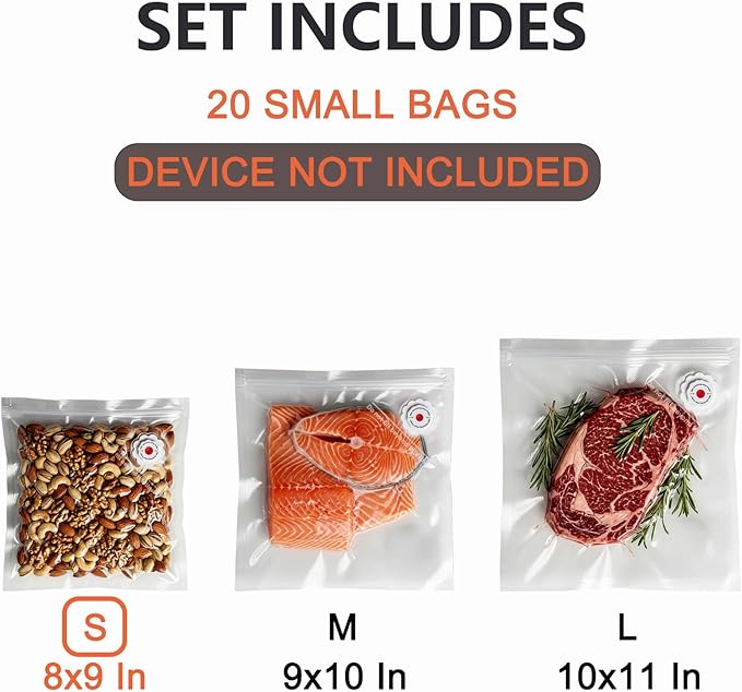 3rd-Gen (8" x 9") 20 PCS Upgraded Reusable High-Seal Bags (Vacuum Sealer Machine Not Included), Compatible with CNAOA Vacuum Sealers
