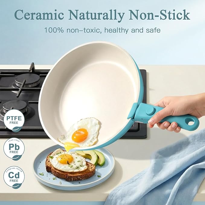 GIPP 11pcs Pots and Pans Set Non Stick, Nonstick Cookware Set Detachable Handle, Ceramic Pots for Cooking Non Stick with Removable Handle, RV Cookware Set for All Stoves, Light Blue Gradient