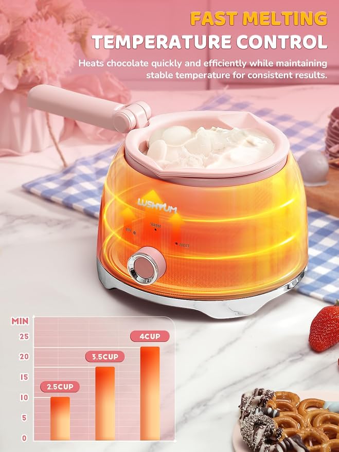 Electric Chocolate Melting Pot with 2 Insert Pots, 4-Cup Chocolate | Even Heating & Fast Melting, BPA-Free Silicone, Easy Clean, Less Waste, Ideal for Chocolate & Candy Melts, Parties & Fondue