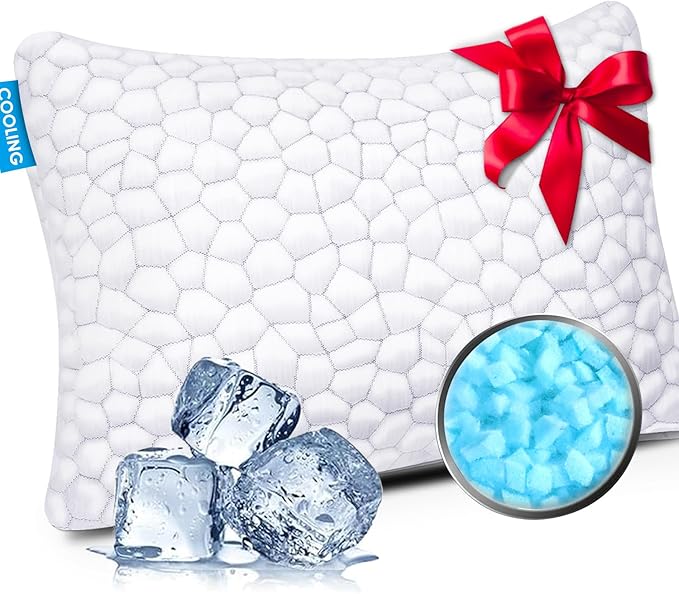 Cooling Pillow Standard Size 1 Pack, CertiPUR-US Shredded Memory Foam Pillows, Cool Bed Pillows for Hot Sleepers, Adjustable Firm Pillow for Side,Back,Stomach Sleepers, Better Sleep Gift for Mom