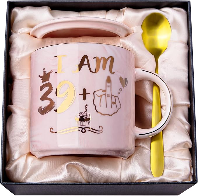 Funny 40th Birthday Gifts for Women - 14oz Pink Marble Ceramic Gold Print Coffee Mug with Cheeky “39+1” Design, Greeting Card & Luxury Gift Box, Celebrating Her Fabulous 40th with Humor and Style
