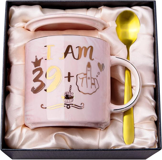 Funny 40th Birthday Gifts for Women - 14oz Pink Marble Ceramic Gold Print Coffee Mug with Cheeky “39+1” Design, Greeting Card & Luxury Gift Box, Celebrating Her Fabulous 40th with Humor and Style
