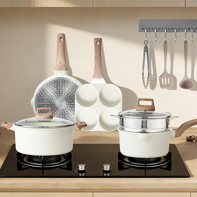 Sweetcrispy Pots and Pans Set, 25 Pcs Nonstick Cookware Set, Induction Kitchen Cooking Set, Non-Toxic Frying Pans & Saucepans (PFOA/PFOS Free) Beige
