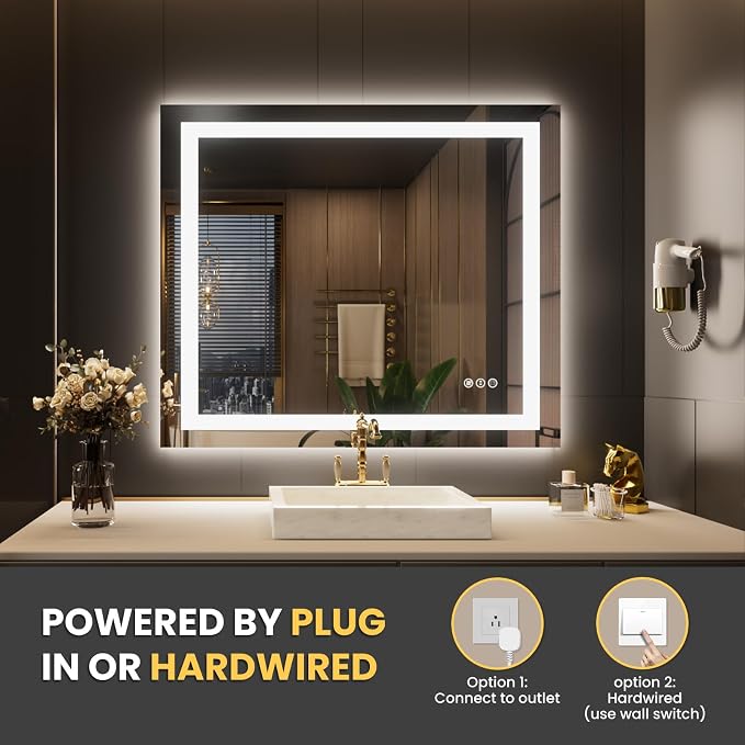 LOAAO 40"X34" LED Bathroom Mirror with Lights, Anti-Fog, Dimmable, Backlit + Front Lit, Lighted Bathroom Vanity Mirror for Wall, Memory Function, Tempered Glass, Safe to Use, ETL Listed