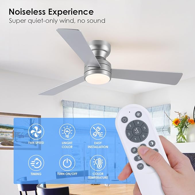 Asyko 46" Silver Low Profile Ceiling Fan with Light and Remote,Modern Flush Mount Ceiling Fans for Bedroom, Living Room, 6 Speeds, Dimmable, Timer, Quiet Reversible