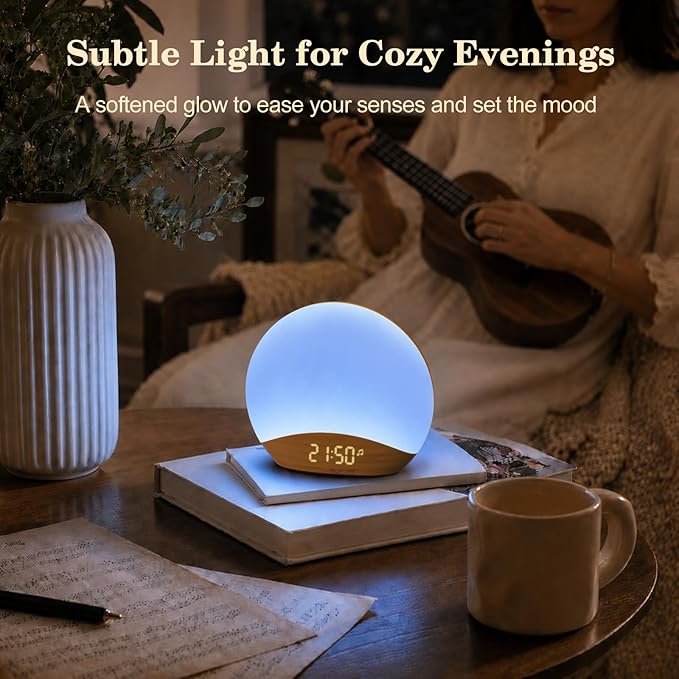 REACHER Wood Grain Sunrise Alarm Clock and Sound Machine Nightlight, Digital Dimmable Clock for Bedroom, 26 Sleep Sounds, White Noise Machine for Baby, Adults, Wake Up Light Alarm Clock for Kids
