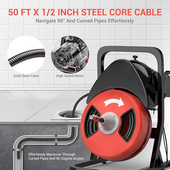 50 FT x 1/2 Inch Drain Cleaner Machine, Sewer Snake Electric Cleaning Machine with Wheels for 2" to 4" Pipes, Plumbing Power Augers Cleaner with 6 Cutter and Foot Switch for Sewer, Sink, Toilet