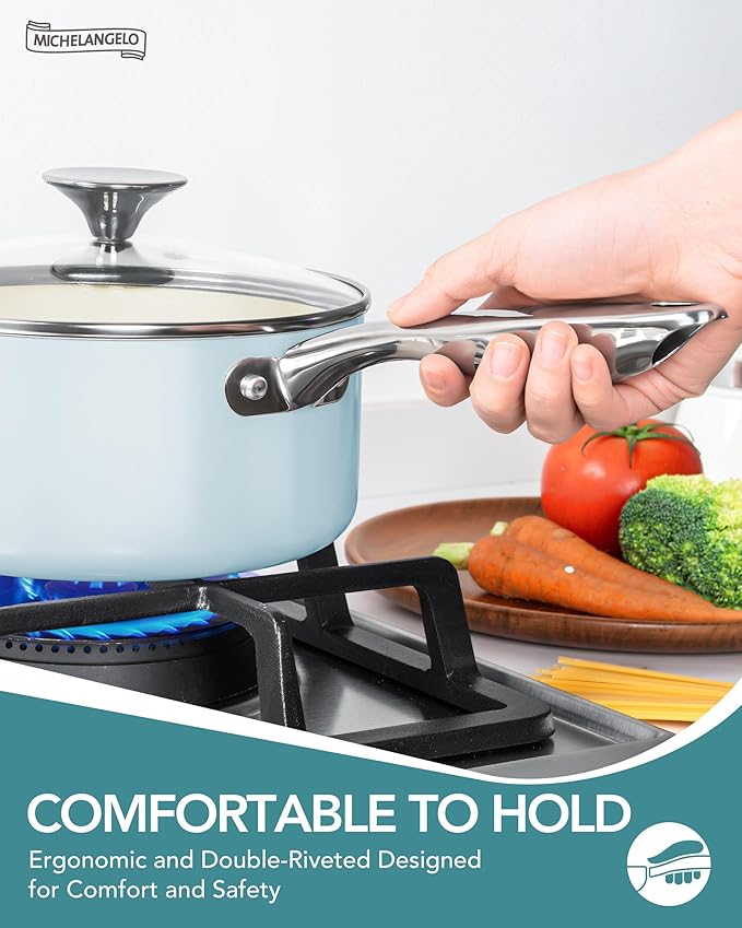 MICHELANGELO Pots and Pans Set Non Stick - Titanium Cookware Set Non Toxic Ceramic Coating, 8-Pcs Nonstick Pots and Pans with Ergonomic Handle, Dishwasher Safe & Induction Compatible, Blue