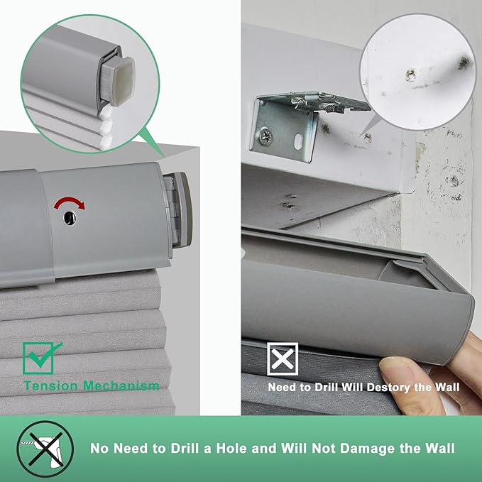 Tonature No Drill Cellular Shades for Indoor Windows, Thermal Insulating & Noise Reducing Honeycomb Blinds, Cordless Free Stop Blinds Light Filtering, Grey,45 1/2" W x 64" H