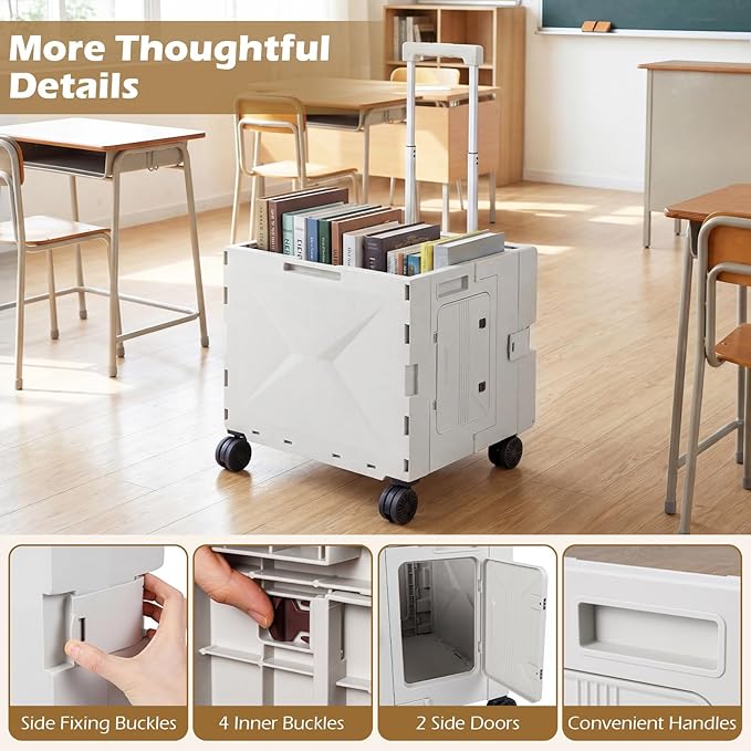 Goplus Foldable Utility Cart, Portable Rolling Crate Handcart with 4 Rotate Wheels, Telescoping Handle, Lid & Cup Holder for Travel, Shopping, Luggage, Grocery, Office & Teacher (White)