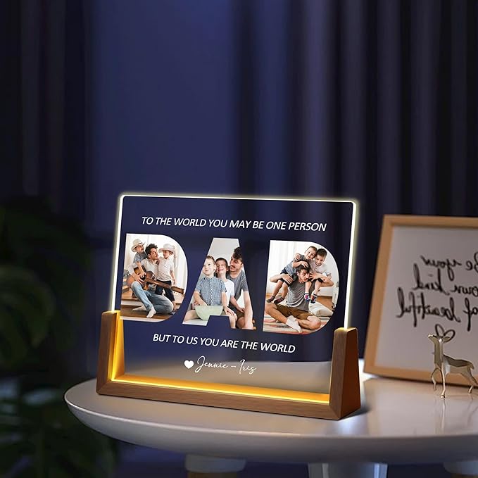Fathers Day Birthday Personalized Gifts For Dad From Daughter Son Kids Wife, Custom Acrylic Plaque Picture Frame Night Light With Photo Name, Customized Christmas Gifts For Dad Papa Husband Men