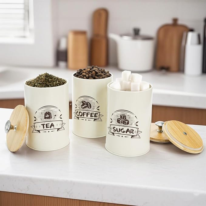 Covzoe 3 Pack Small Canisters for Kitchen, 26 Oz Metal Coffee Sugar Tea Canisters Set with Airtight Bamboo Lids, Mini Food Storage Containers Jars for Tea, Flour, Cookies, Spices, Countertop