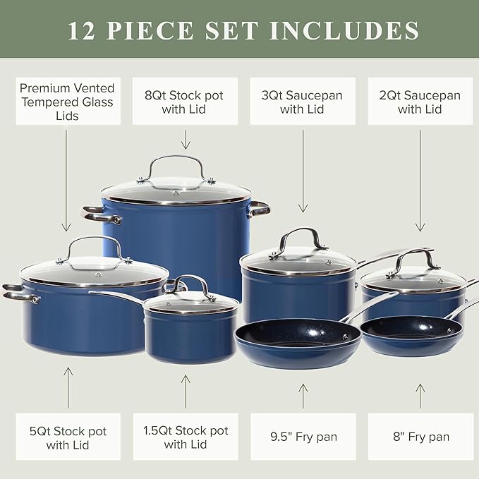 Nuwave Healthy Duralon Blue Ceramic Nonstick 12pc Cookware Set,Diamond Infused Scratch-Resistant,PFAS Free,Dishwasher & Oven Safe,Induction Ready & Evenly Heats, Tempered Glass Lids, Stay-Cool Handles