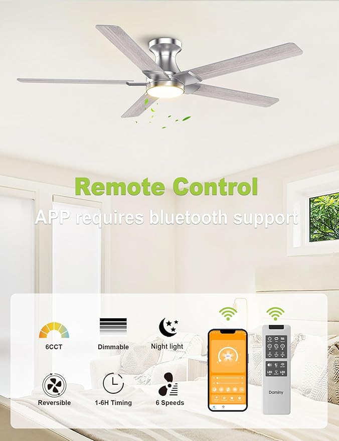 DAMINY 52 inch Nickel Ceiling Fans with Lights,5 Blades,6CCT, Low Profile,Remote Control,for Bedroom, Kitchen,Living Room,Indoor/Outdoor Use,Flush Mount