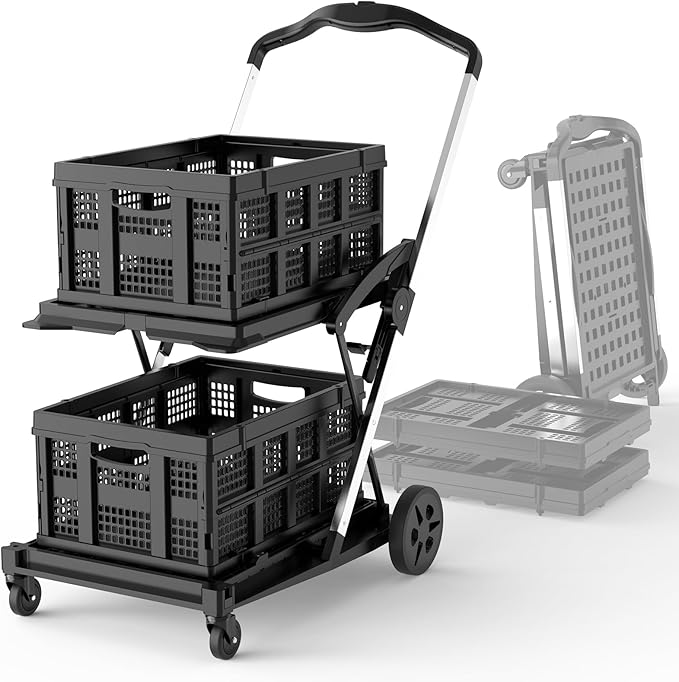 TOOLIOM 2-Tier Collapsible Shopping Cart with Brake Wheels & 2 Folding Baskets, Multi-Use Mobile Trolley for Grocery, Luggage & Office
