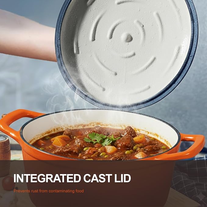 Overmont Enameled Cast Iron Dutch Oven - 5.5QT Pot with Wide Handles Lid Cookbook & Cotton Potholders - Heavy-Duty Pre-Seasoned Cookware Oven Safe to 500°F for Braising, Stews, Roasting, Sourdough Baking