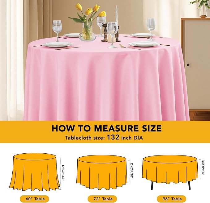 6-Pack Pink Round Tablecloths, 132 Inches, Stain-Resistant Polyester for 6-8 Ft Round Tables - Washable Table Covers for Weddings, Banquets, Birthday Parties, Events