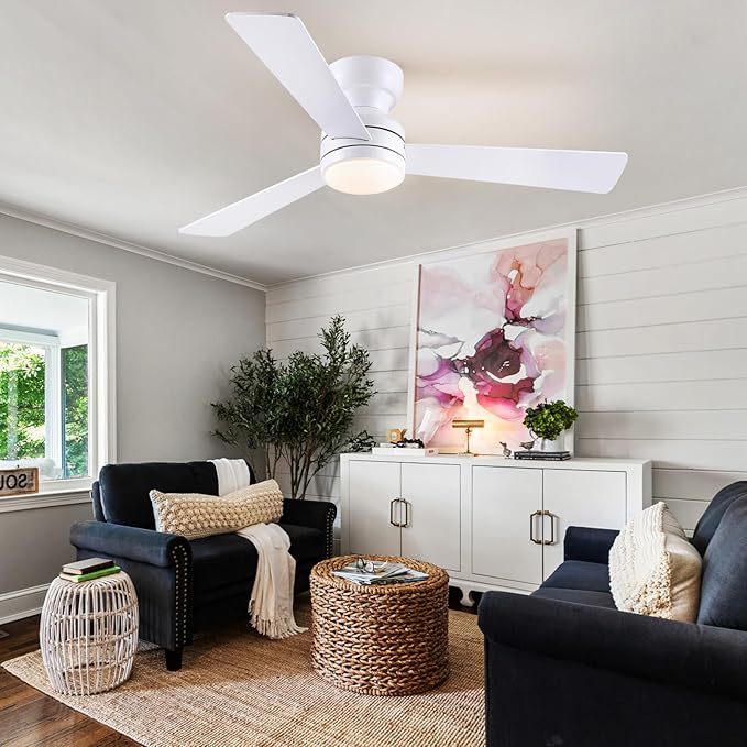 Asyko 46" White Low Profile Ceiling Fan with Light and Remote,Modern Flush Mount Ceiling Fans for Bedroom, Living Room, 6 Speeds, Dimmable, Timer, Quiet Reversible
