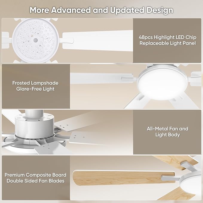 52 Inch Ceiling Fans with Lights, 6 Double Sided Blades, Ultra Quiet Reversible DC Motor, Remote & APP Control, 6 Speeds, 3CCT Dimmable LED with Memory Function, Downrod Mount for Living Room, White