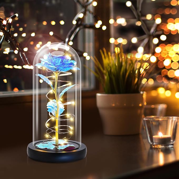 Otlonpe Preserved Forever Mothers Day Flower Gifts for Mom, Glass Light Up Rose Gifts for Women Grandma Girlfriend Wife Sister Her, Valentines Mothers Day Christmas Birthday Womens Gift (Blue)