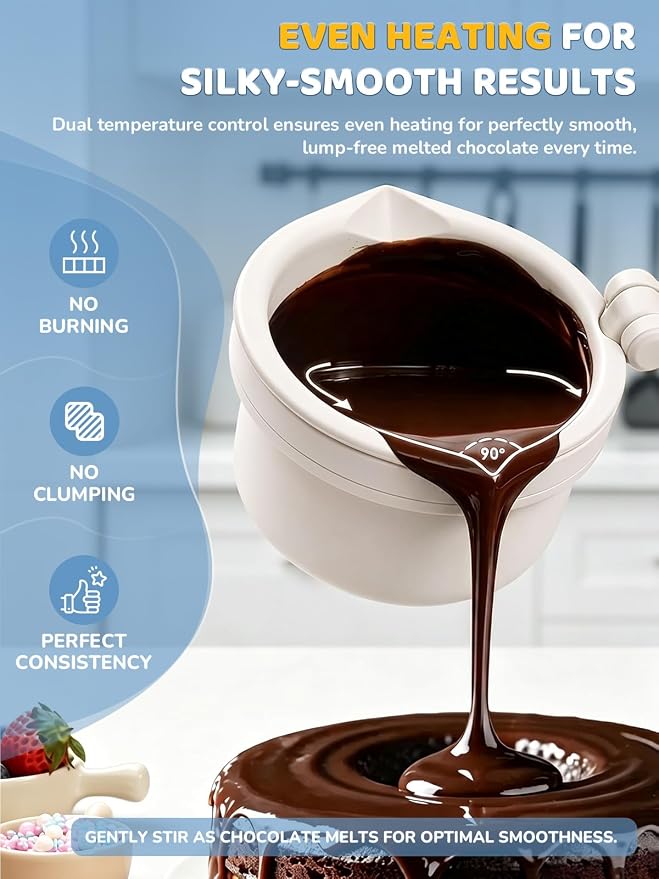 Electric Chocolate Melting Pot with 2 Insert Pots, 4-Cup Chocolate | Even Heating & Fast Melting, BPA-Free Silicone, Easy Clean, Less Waste, Ideal for Chocolate & Candy Melts, Parties, Fondue