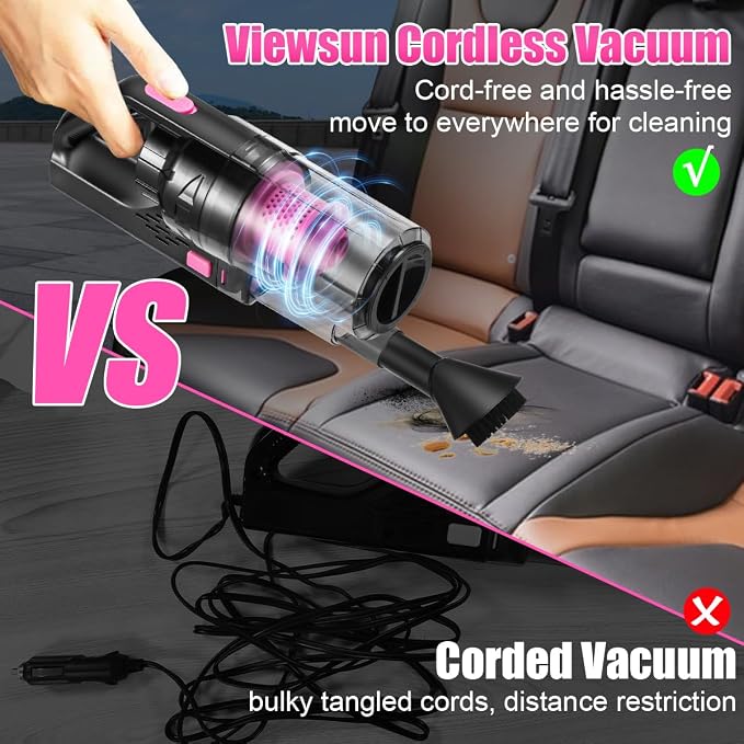 Viewsun Car Vacuum Cordless Rechargeable, 8000PA High Power Handheld Vacuum Cleaner with 17PCS Car Cleaning Kit, Pink Auto Accessories for Women Gift